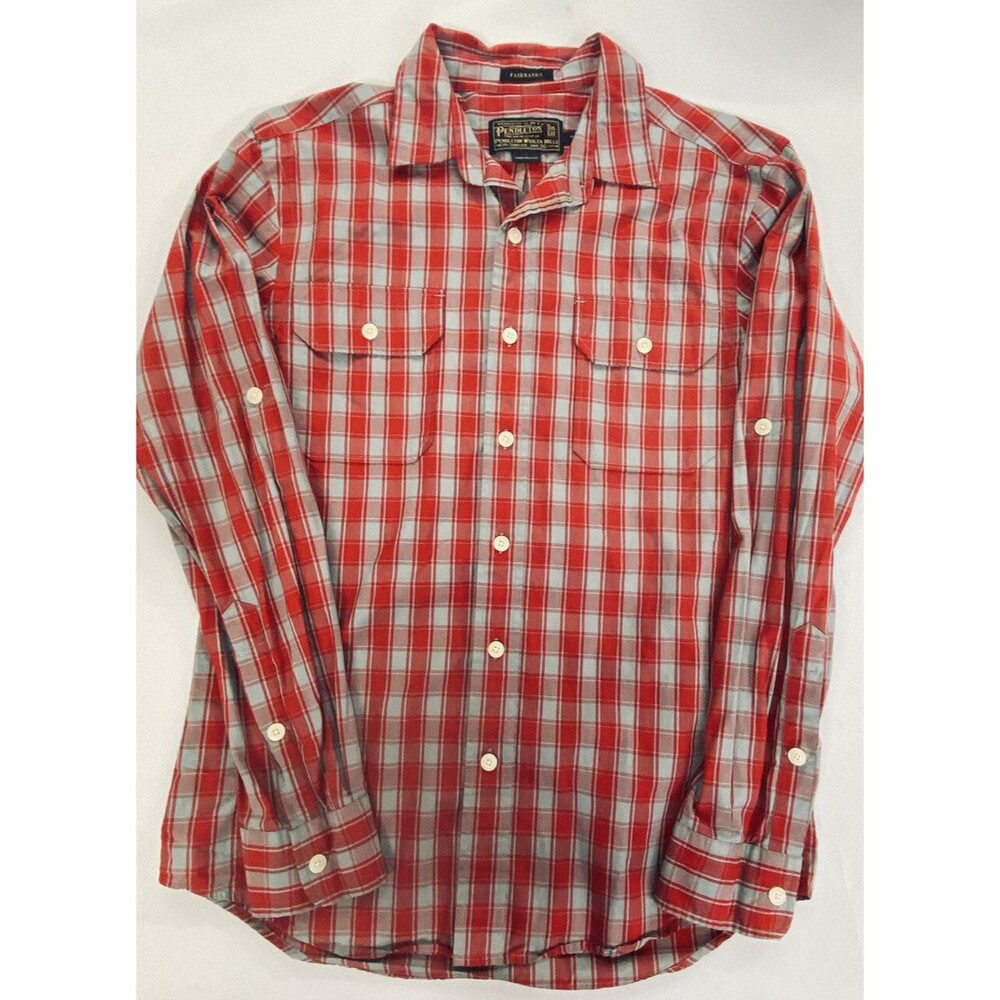 Pendleton Mens Red Tan Plaid 2 Front Pockets Long Roll Tab Sleeve Shirt Size M